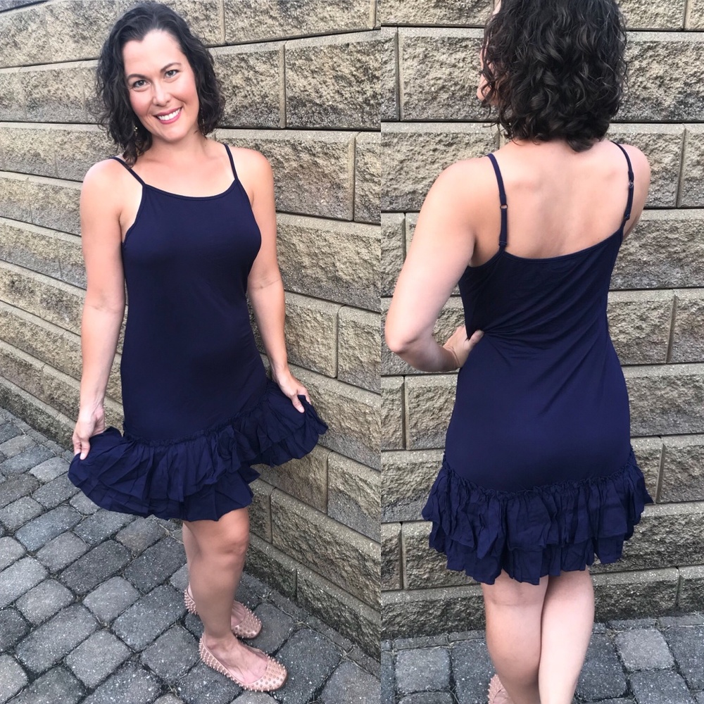 Navy Blue Double Ruffle Dress Extender Slip Layered Tiered Dress Multi-Way Strap